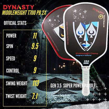 Dynasty Middleweight T700 Raw Carbon Fiber Power Boost 2x 14m Pickleball Paddle