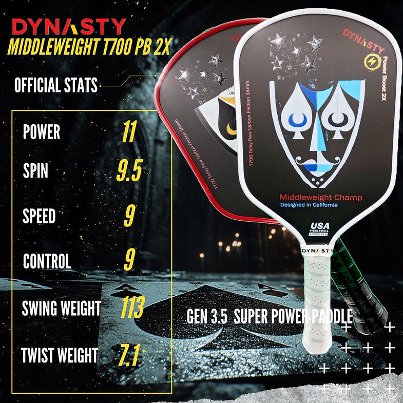 Dynasty Middleweight T700 Raw Carbon Fiber Power Boost 2x 14m Pickleball Paddle
